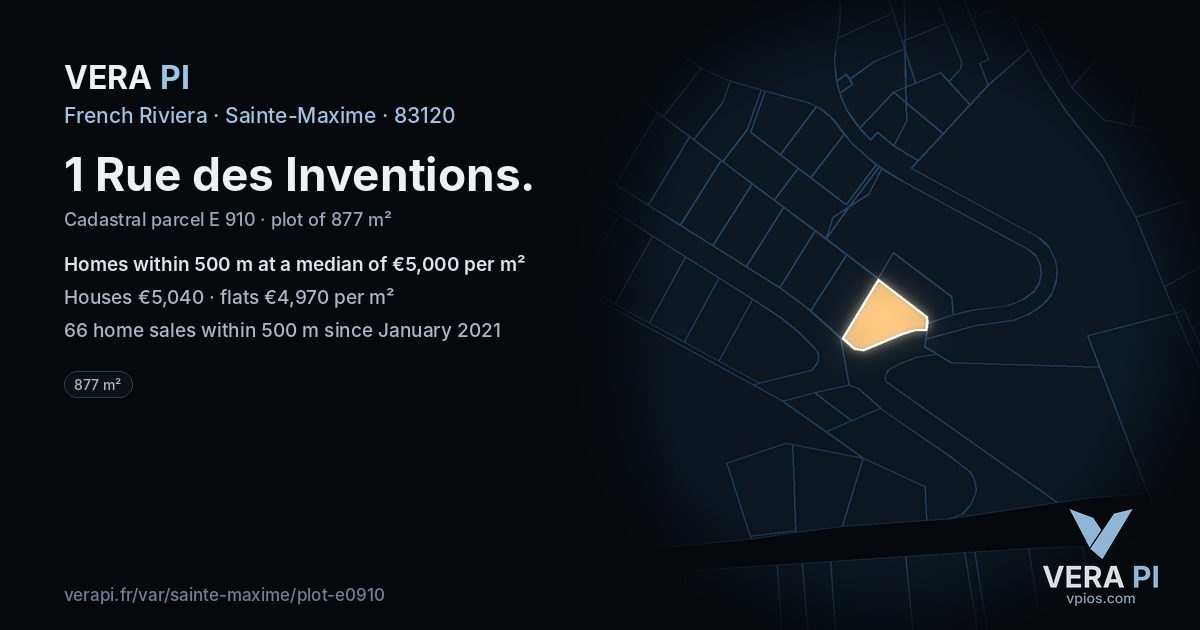 1 Rue des Inventions, Sainte-Maxime at night – the plot lit, the parcels around coloured by the prices near them