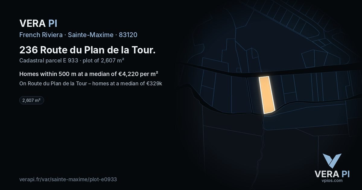 236 Route du Plan de la Tour, Sainte-Maxime at night – the plot lit, the parcels around coloured by the prices near them