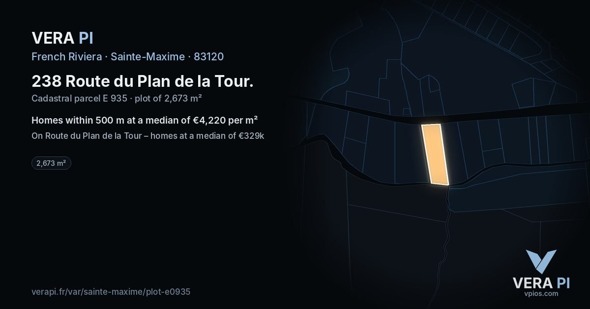 238 Route du Plan de la Tour, Sainte-Maxime at night – the plot lit, the parcels around coloured by the prices near them