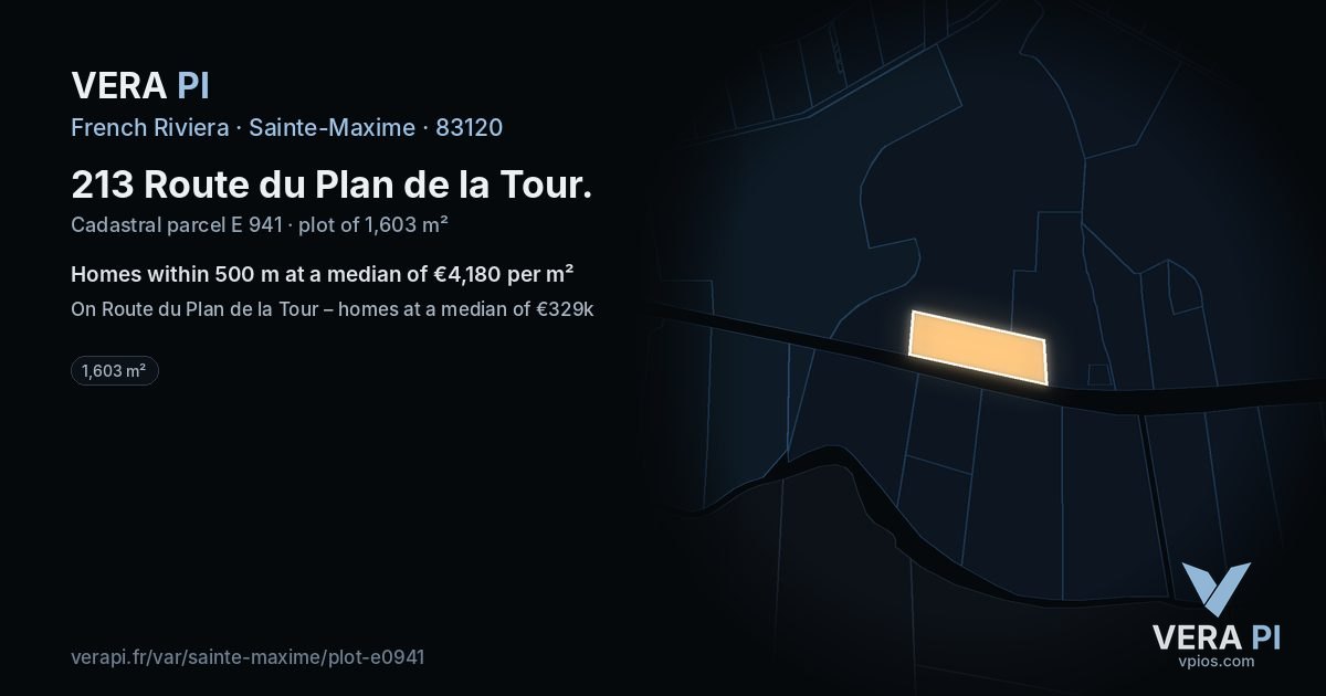 213 Route du Plan de la Tour, Sainte-Maxime at night – the plot lit, the parcels around coloured by the prices near them