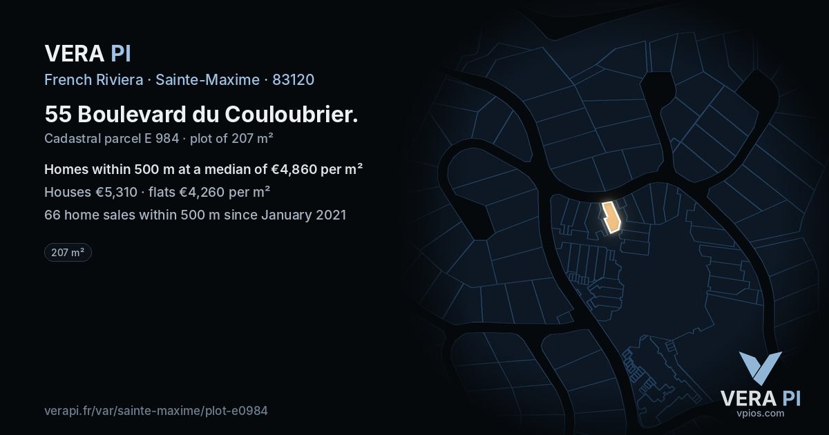 55 Boulevard du Couloubrier, Sainte-Maxime at night – the plot lit, the parcels around coloured by the prices near them