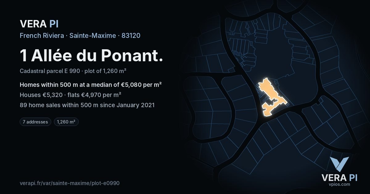 1 Allée du Ponant, Sainte-Maxime at night – the plot lit, the parcels around coloured by the prices near them