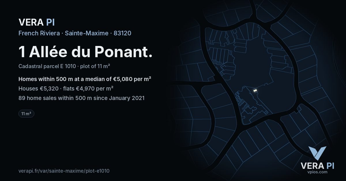 1 Allée du Ponant, Sainte-Maxime at night – the plot lit, the parcels around coloured by the prices near them