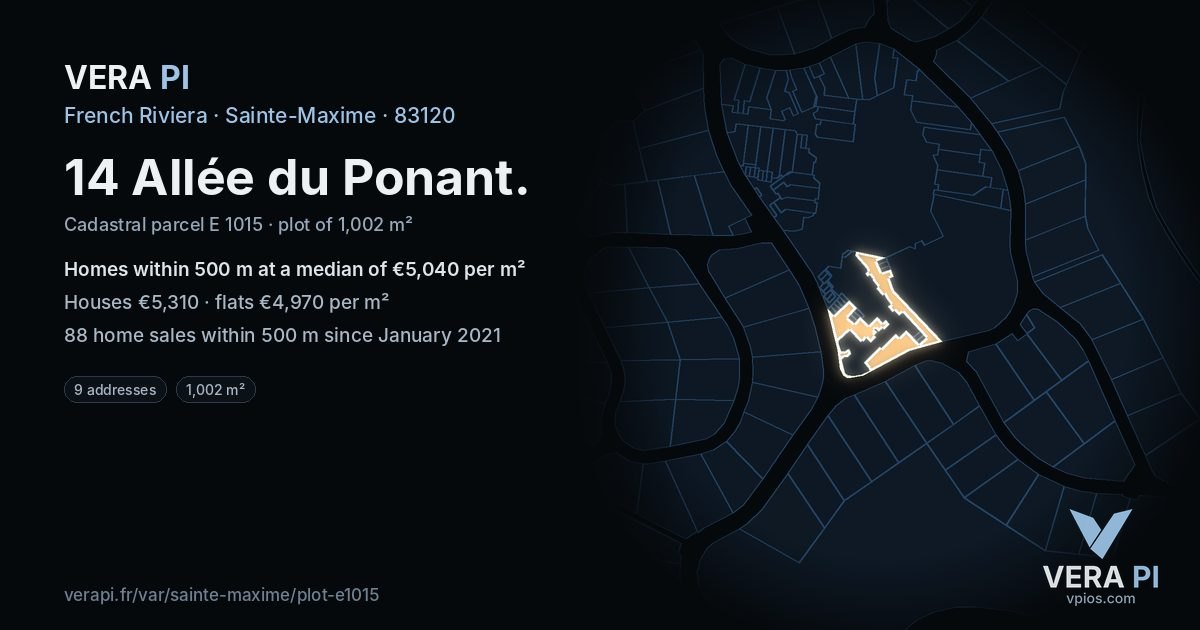 14 Allée du Ponant, Sainte-Maxime at night – the plot lit, the parcels around coloured by the prices near them