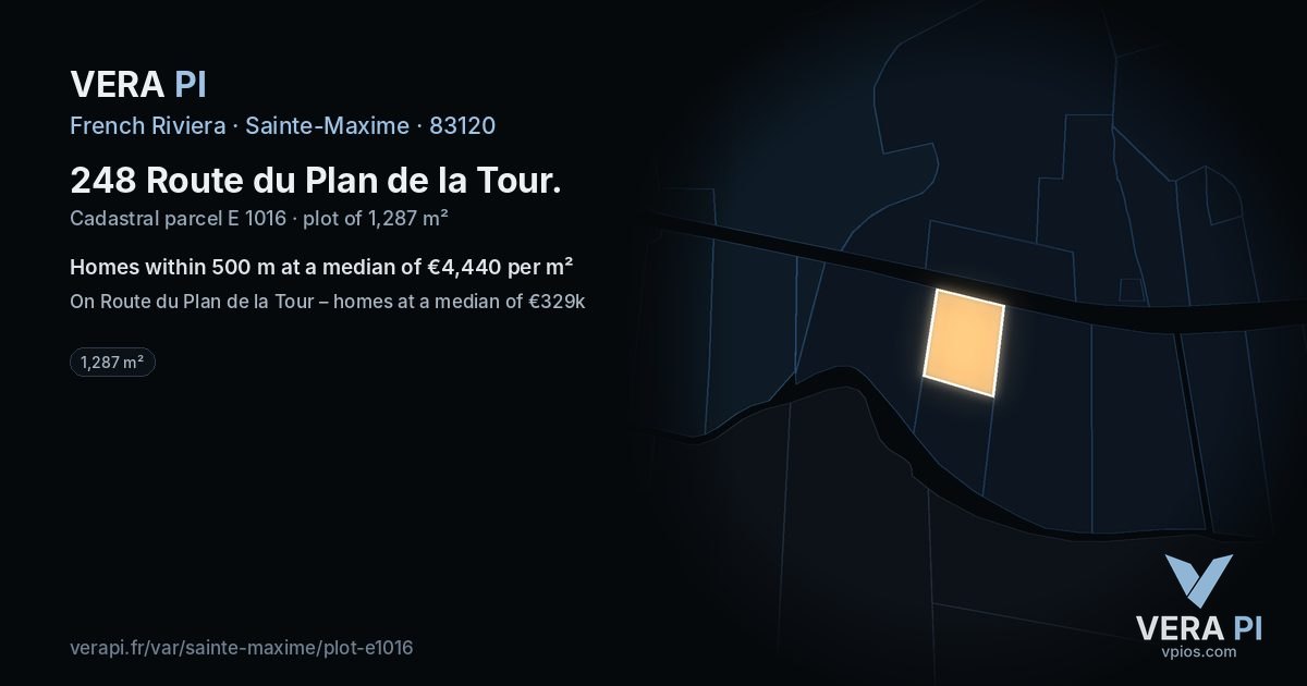 248 Route du Plan de la Tour, Sainte-Maxime at night – the plot lit, the parcels around coloured by the prices near them