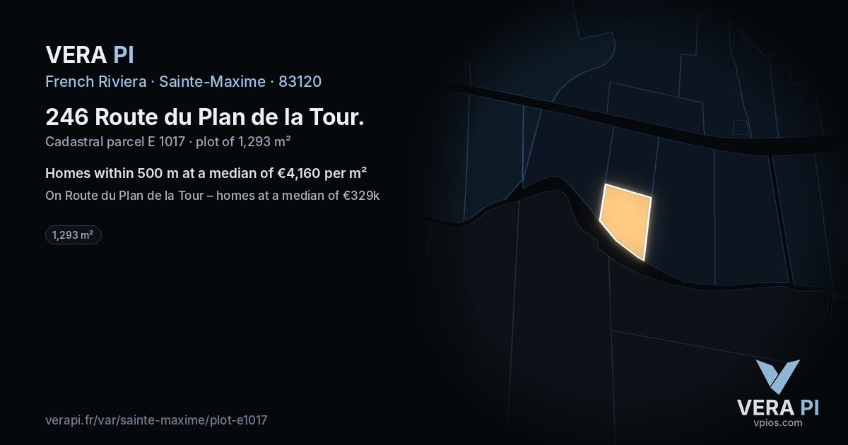 246 Route du Plan de la Tour, Sainte-Maxime at night – the plot lit, the parcels around coloured by the prices near them