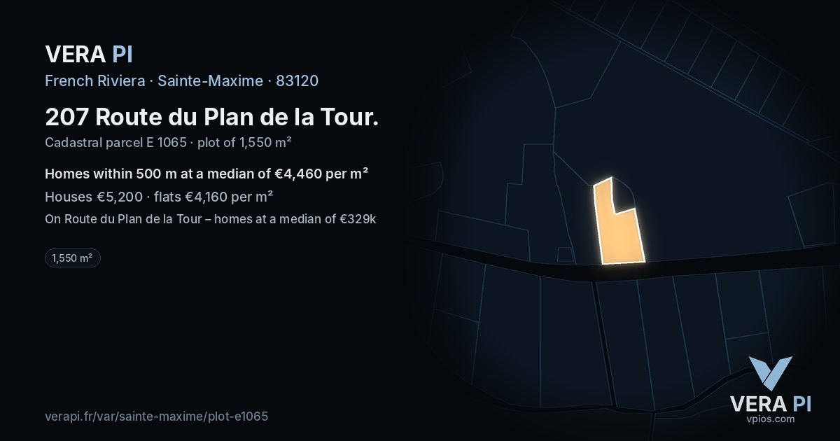 207 Route du Plan de la Tour, Sainte-Maxime at night – the plot lit, the parcels around coloured by the prices near them