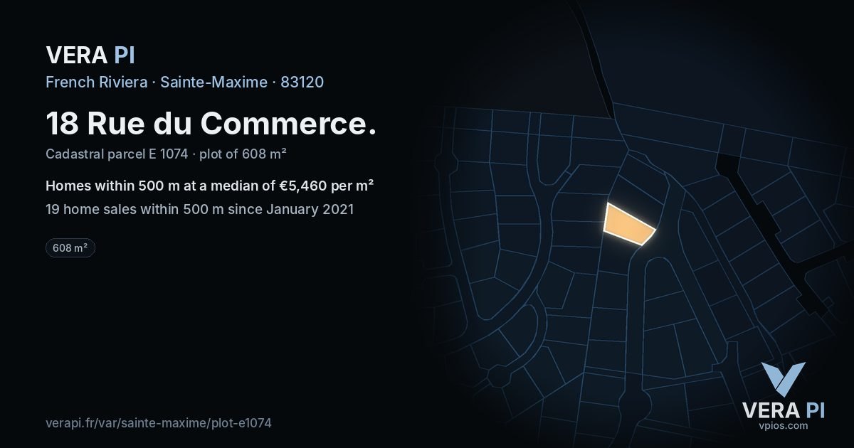 18 Rue du Commerce, Sainte-Maxime at night – the plot lit, the parcels around coloured by the prices near them