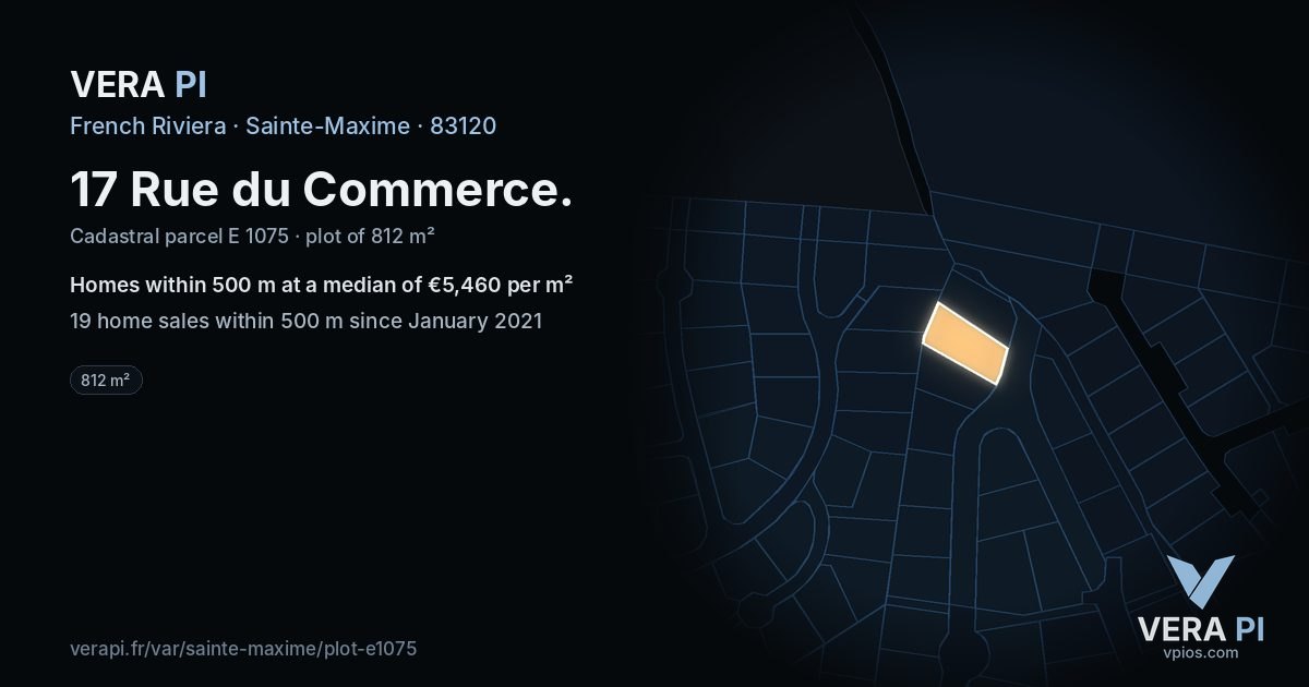 17 Rue du Commerce, Sainte-Maxime at night – the plot lit, the parcels around coloured by the prices near them