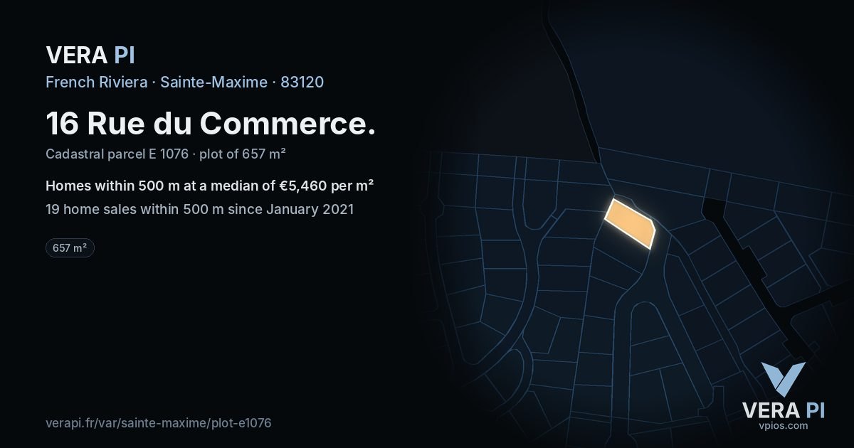 16 Rue du Commerce, Sainte-Maxime at night – the plot lit, the parcels around coloured by the prices near them