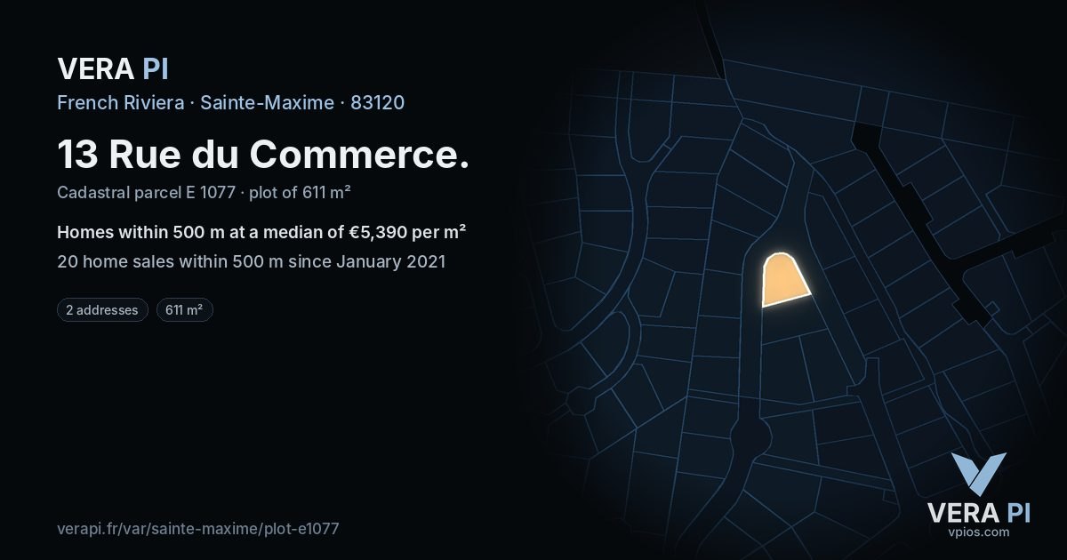 13 Rue du Commerce, Sainte-Maxime at night – the plot lit, the parcels around coloured by the prices near them