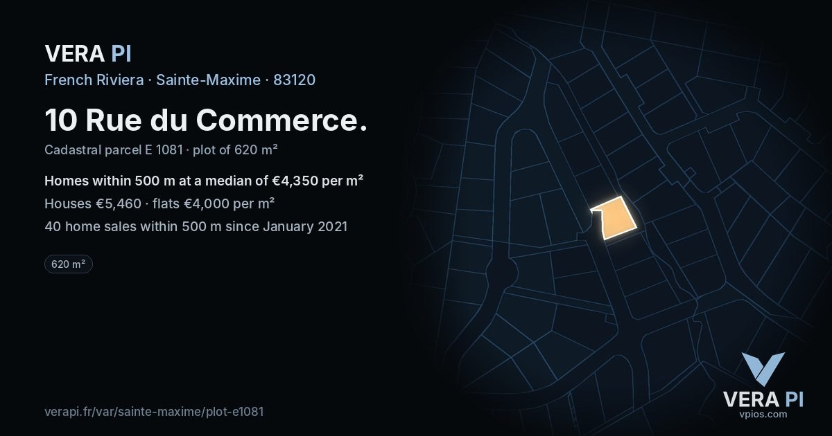 10 Rue du Commerce, Sainte-Maxime at night – the plot lit, the parcels around coloured by the prices near them