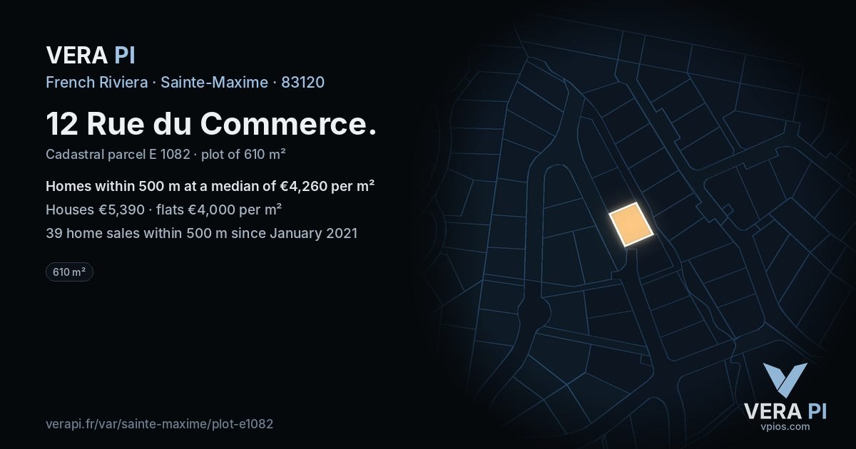 12 Rue du Commerce, Sainte-Maxime at night – the plot lit, the parcels around coloured by the prices near them