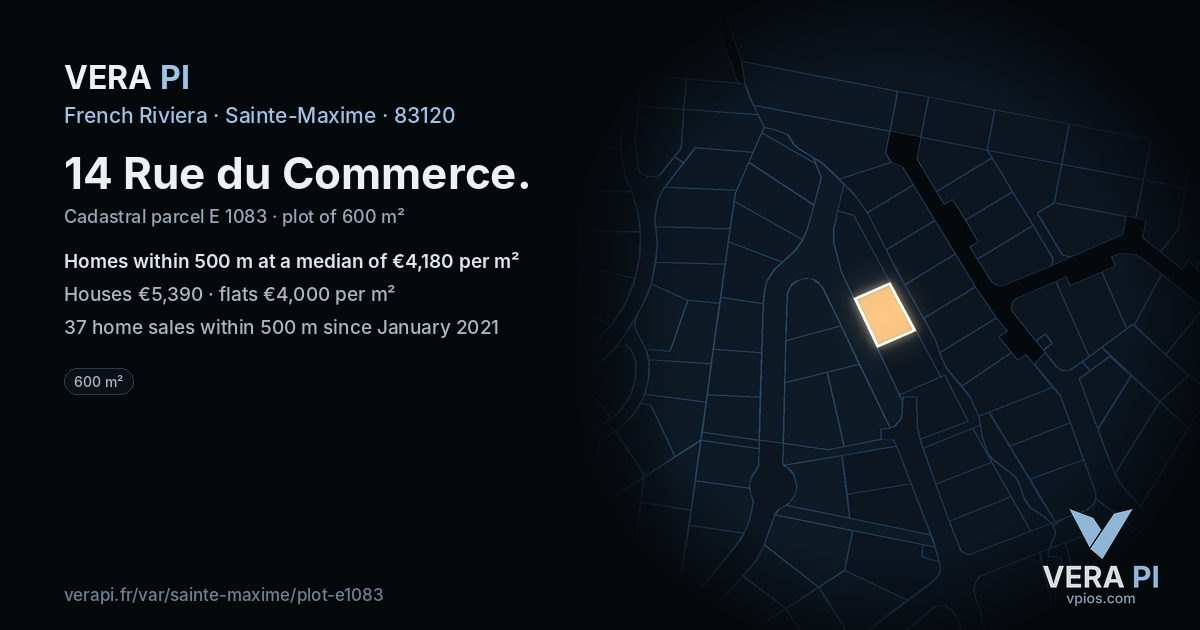 14 Rue du Commerce, Sainte-Maxime at night – the plot lit, the parcels around coloured by the prices near them