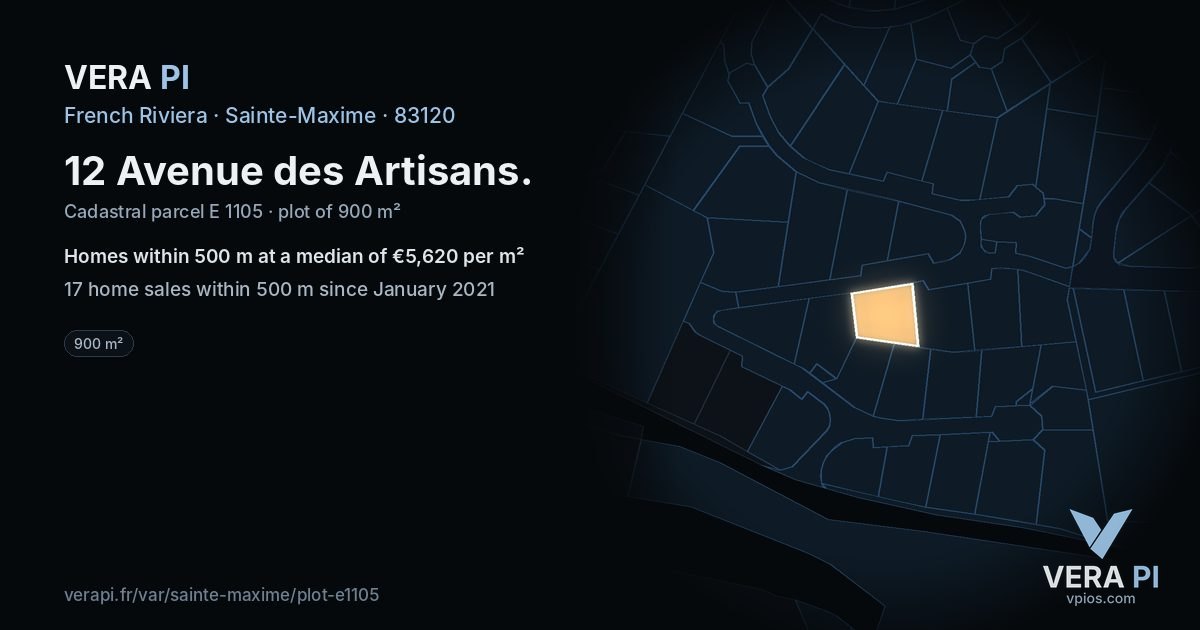 12 Avenue des Artisans, Sainte-Maxime at night – the plot lit, the parcels around coloured by the prices near them