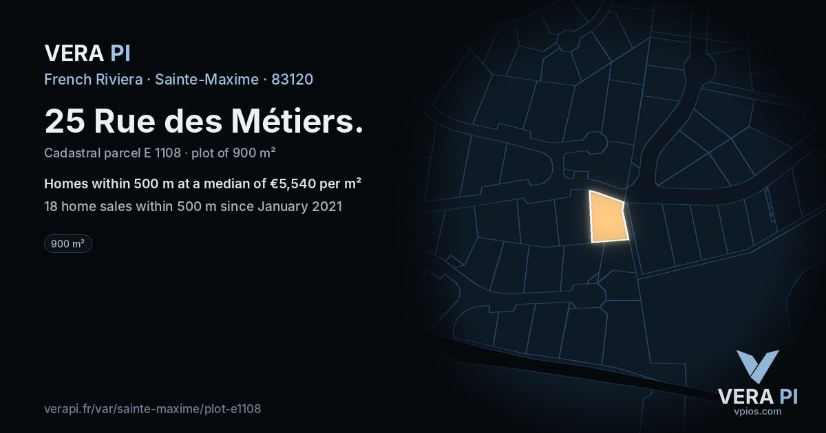 25 Rue des Métiers, Sainte-Maxime at night – the plot lit, the parcels around coloured by the prices near them