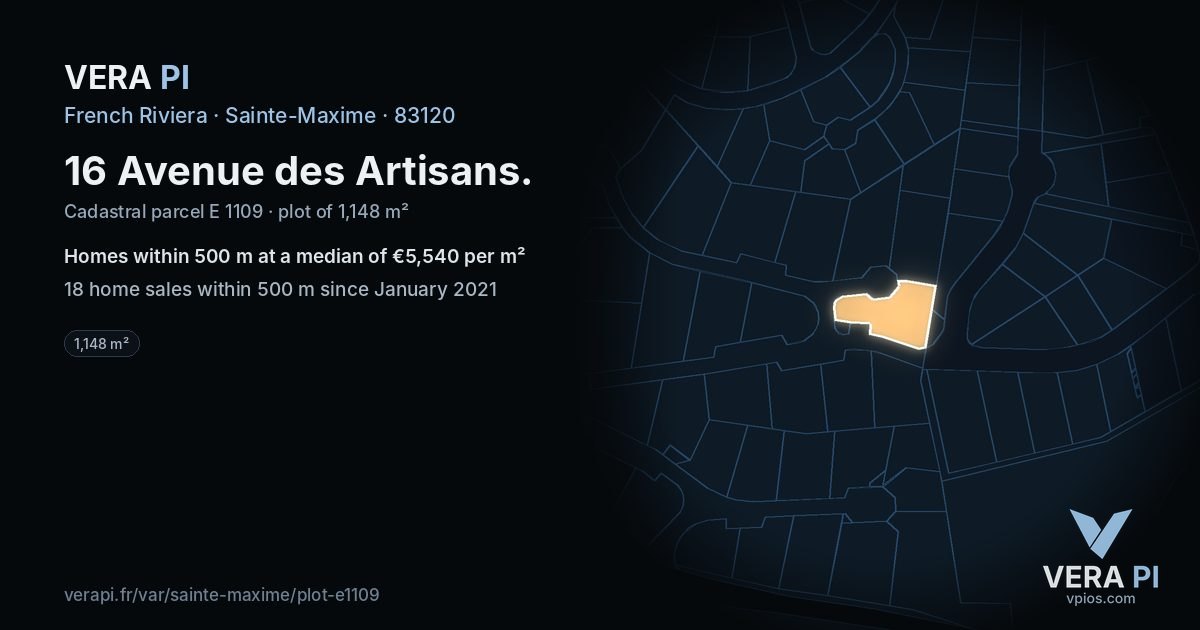 16 Avenue des Artisans, Sainte-Maxime at night – the plot lit, the parcels around coloured by the prices near them