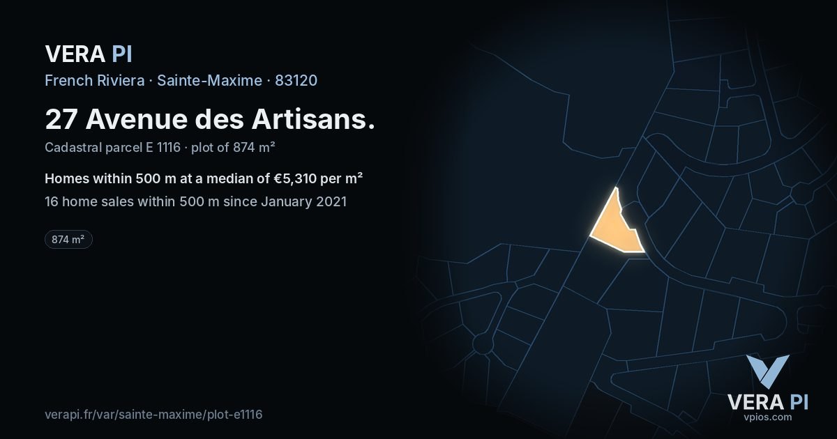 27 Avenue des Artisans, Sainte-Maxime at night – the plot lit, the parcels around coloured by the prices near them