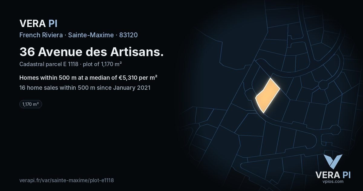 36 Avenue des Artisans, Sainte-Maxime at night – the plot lit, the parcels around coloured by the prices near them