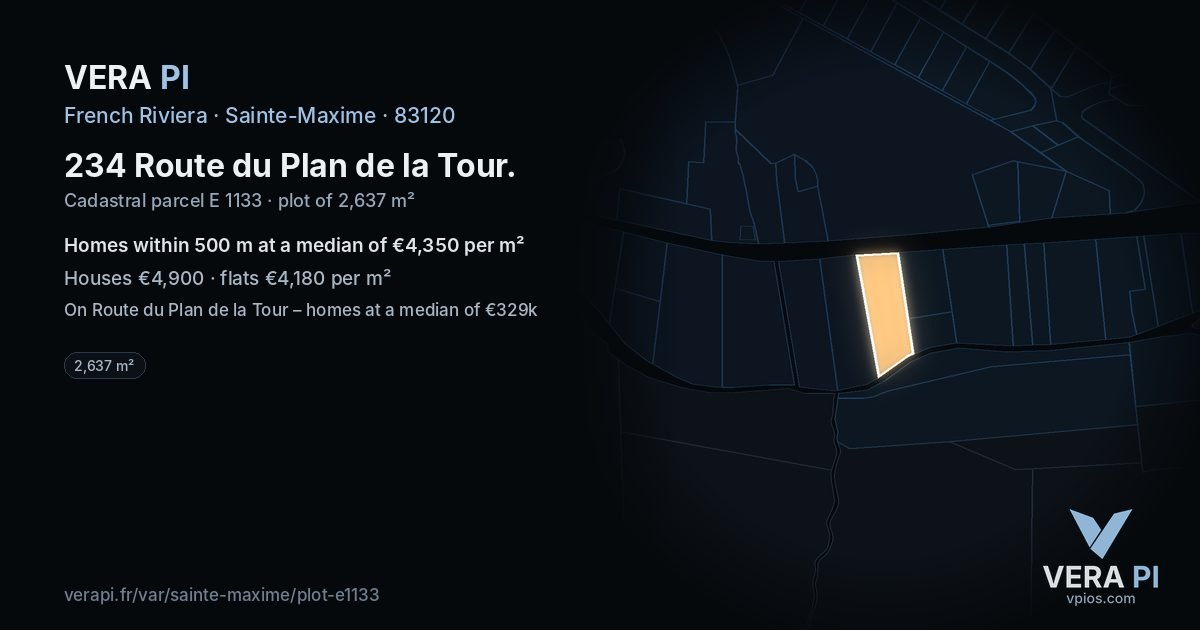234 Route du Plan de la Tour, Sainte-Maxime at night – the plot lit, the parcels around coloured by the prices near them