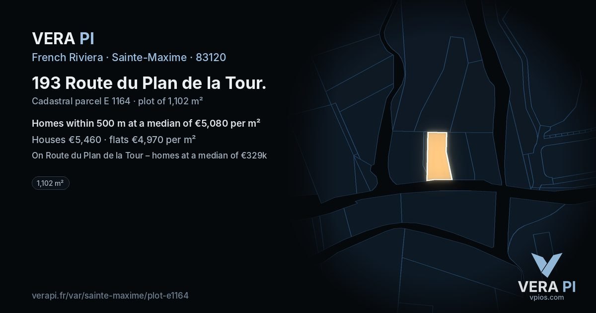 193 Route du Plan de la Tour, Sainte-Maxime at night – the plot lit, the parcels around coloured by the prices near them