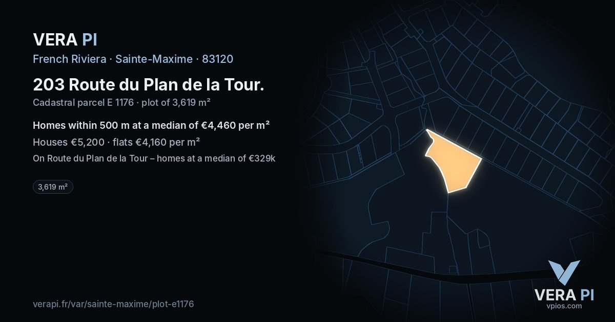 203 Route du Plan de la Tour, Sainte-Maxime at night – the plot lit, the parcels around coloured by the prices near them