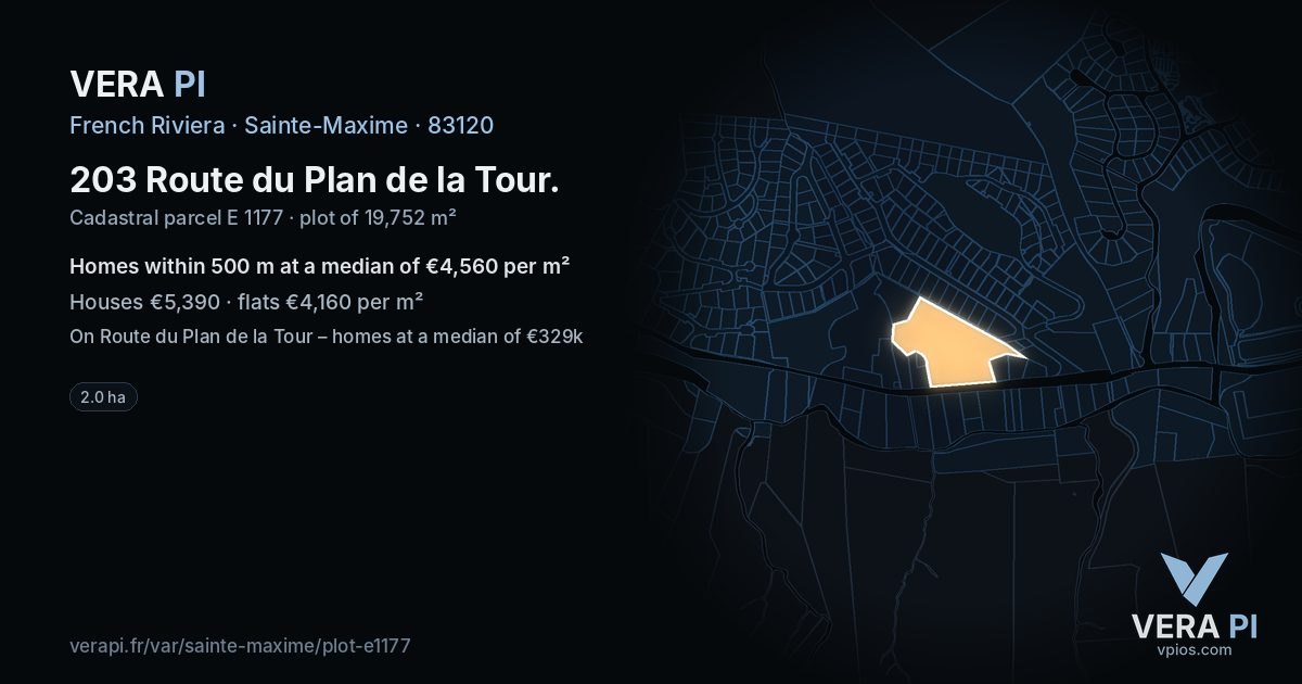 203 Route du Plan de la Tour, Sainte-Maxime at night – the plot lit, the parcels around coloured by the prices near them