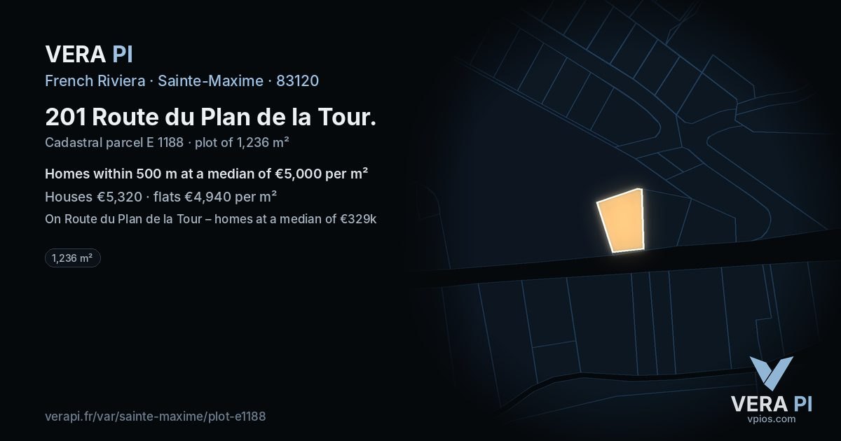201 Route du Plan de la Tour, Sainte-Maxime at night – the plot lit, the parcels around coloured by the prices near them