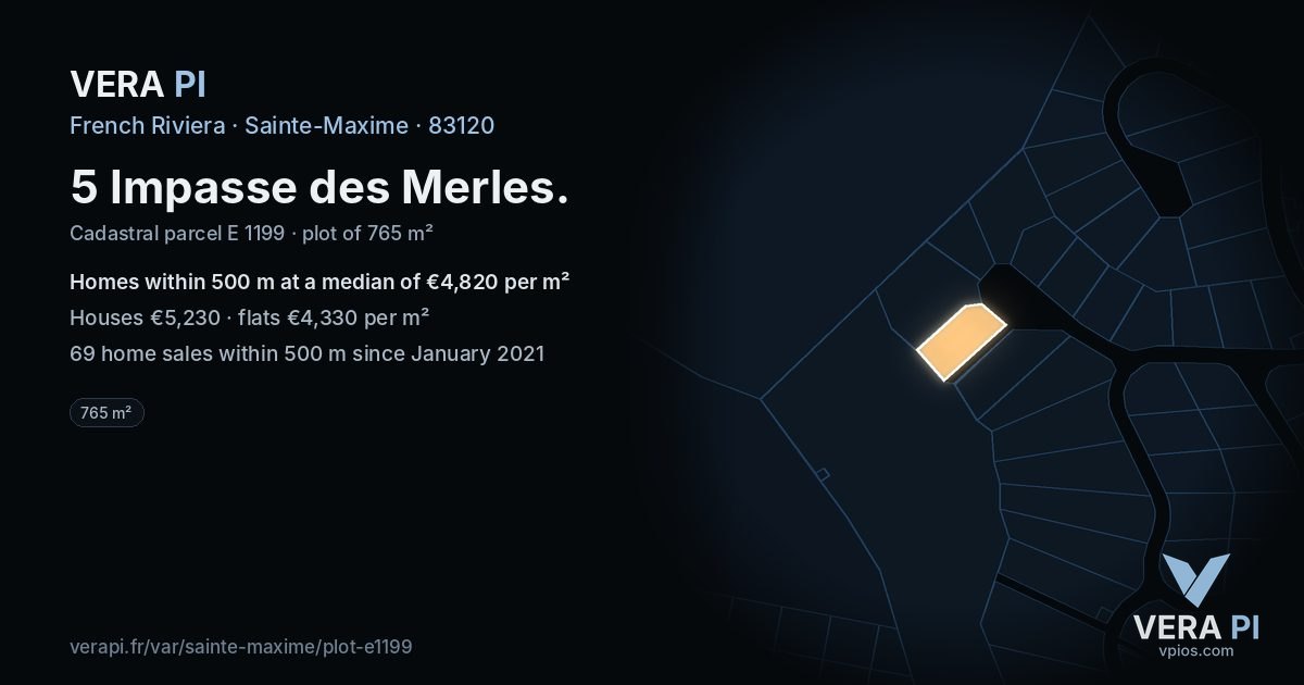 5 Impasse des Merles, Sainte-Maxime at night – the plot lit, the parcels around coloured by the prices near them