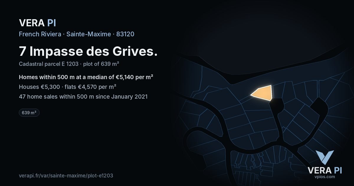 7 Impasse des Grives, Sainte-Maxime at night – the plot lit, the parcels around coloured by the prices near them