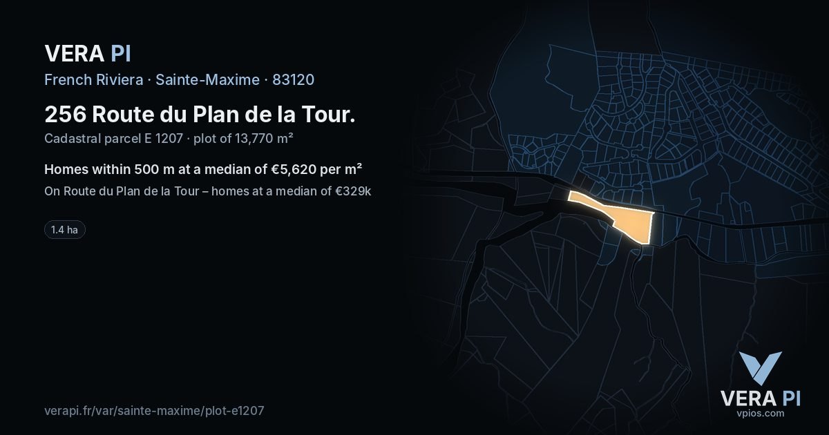 256 Route du Plan de la Tour, Sainte-Maxime at night – the plot lit, the parcels around coloured by the prices near them