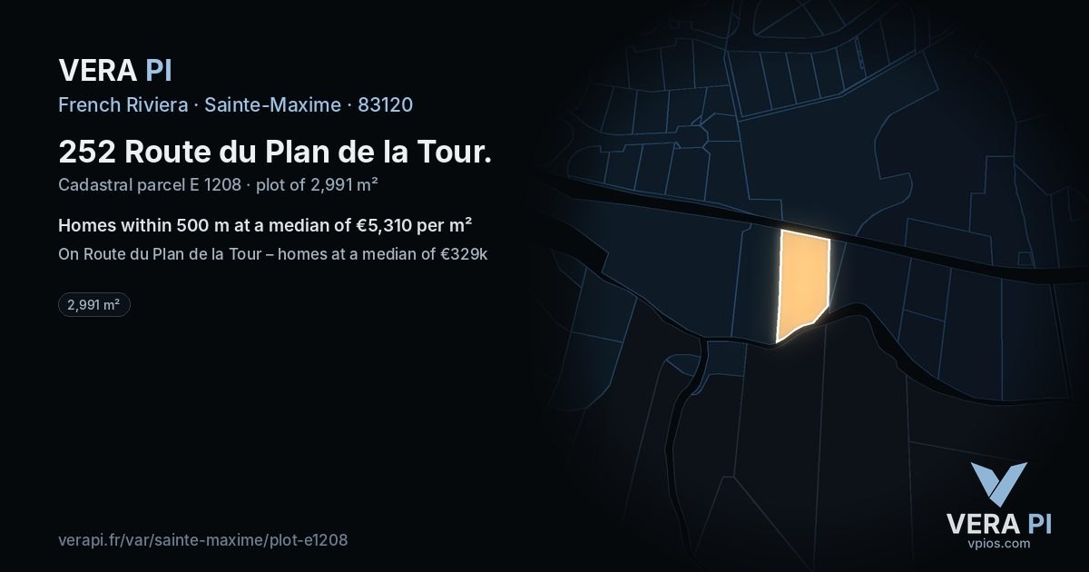 252 Route du Plan de la Tour, Sainte-Maxime at night – the plot lit, the parcels around coloured by the prices near them