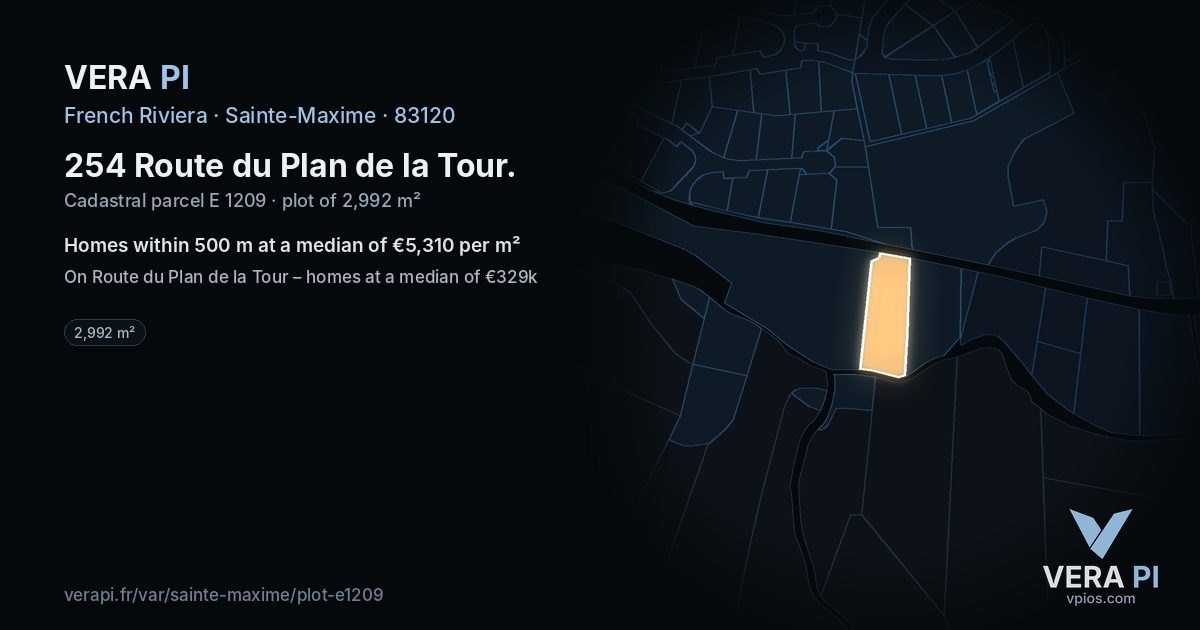 254 Route du Plan de la Tour, Sainte-Maxime at night – the plot lit, the parcels around coloured by the prices near them
