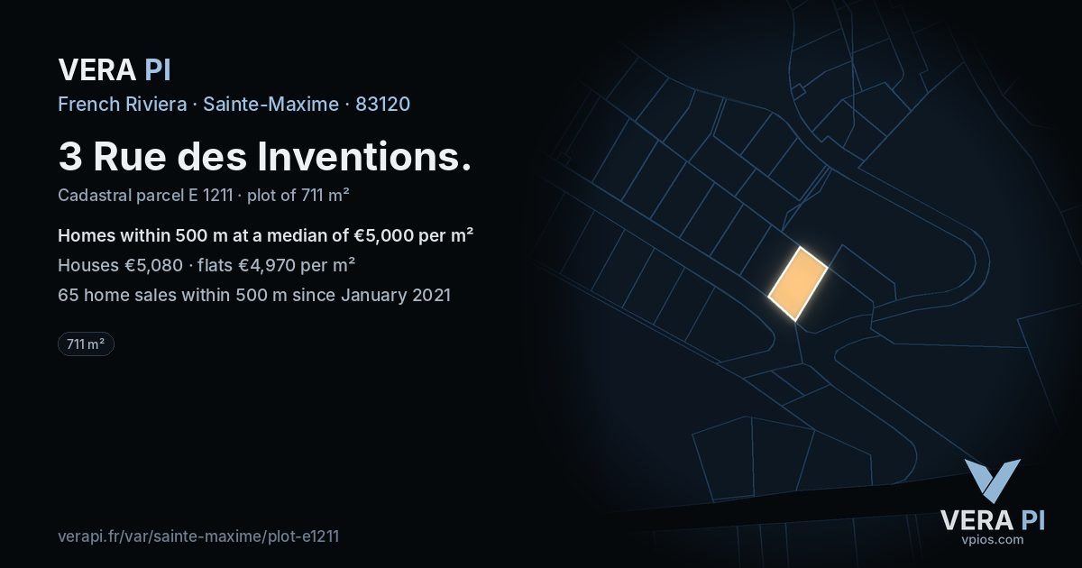 3 Rue des Inventions, Sainte-Maxime at night – the plot lit, the parcels around coloured by the prices near them