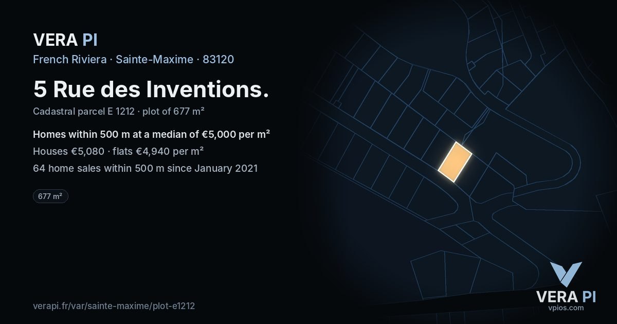 5 Rue des Inventions, Sainte-Maxime at night – the plot lit, the parcels around coloured by the prices near them