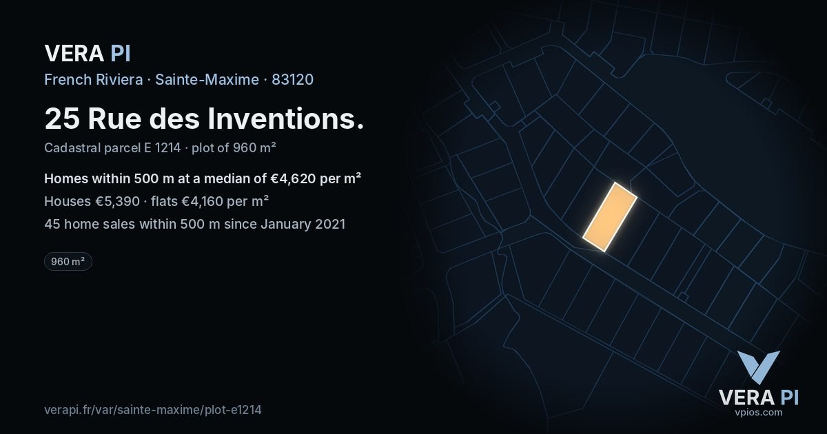 25 Rue des Inventions, Sainte-Maxime at night – the plot lit, the parcels around coloured by the prices near them