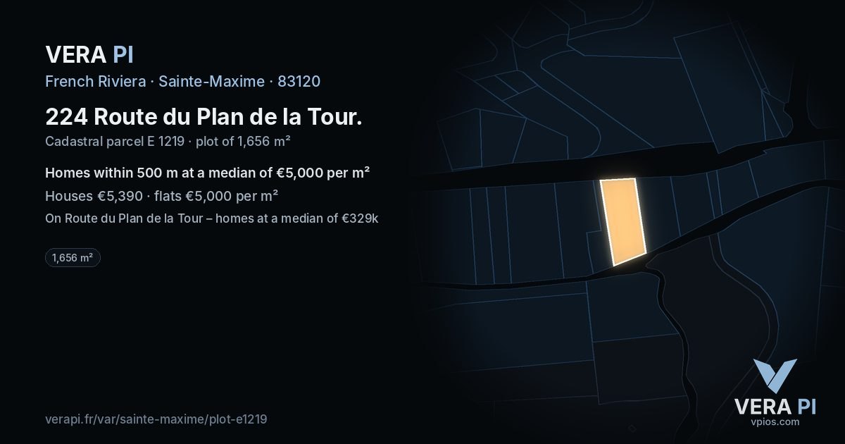 224 Route du Plan de la Tour, Sainte-Maxime at night – the plot lit, the parcels around coloured by the prices near them