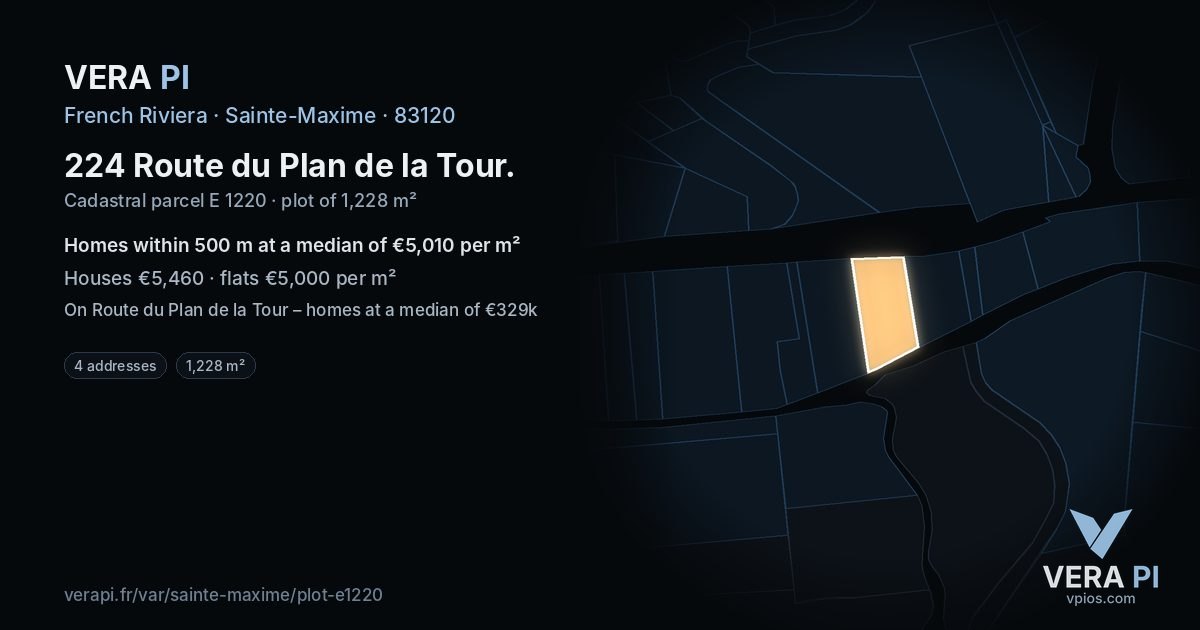 224 Route du Plan de la Tour, Sainte-Maxime at night – the plot lit, the parcels around coloured by the prices near them