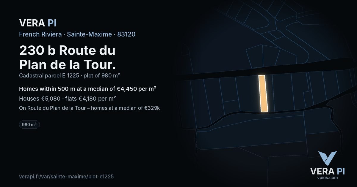 230 b Route du Plan de la Tour, Sainte-Maxime at night – the plot lit, the parcels around coloured by the prices near them
