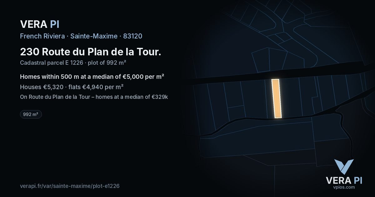 230 Route du Plan de la Tour, Sainte-Maxime at night – the plot lit, the parcels around coloured by the prices near them