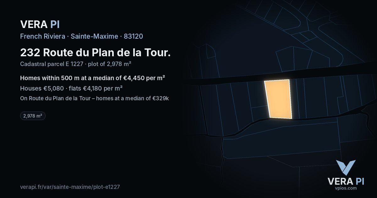 232 Route du Plan de la Tour, Sainte-Maxime at night – the plot lit, the parcels around coloured by the prices near them