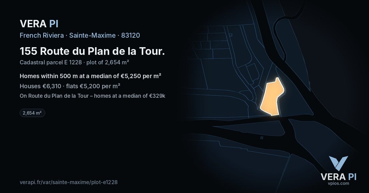 155 Route du Plan de la Tour, Sainte-Maxime at night – the plot lit, the parcels around coloured by the prices near them