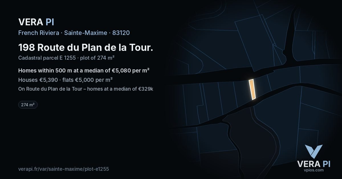 198 Route du Plan de la Tour, Sainte-Maxime at night – the plot lit, the parcels around coloured by the prices near them