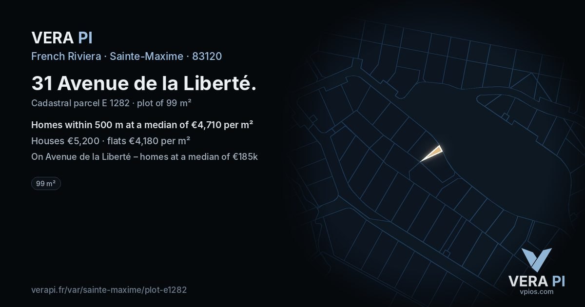 31 Avenue de la Liberté, Sainte-Maxime at night – the plot lit, the parcels around coloured by the prices near them