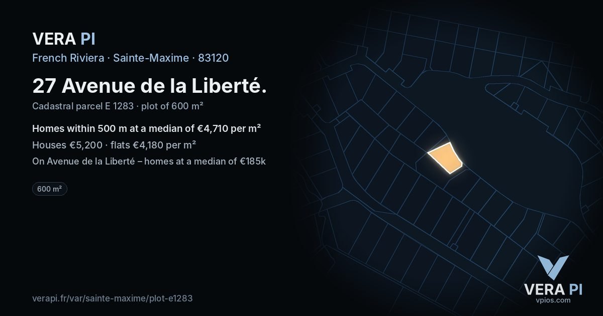 27 Avenue de la Liberté, Sainte-Maxime at night – the plot lit, the parcels around coloured by the prices near them