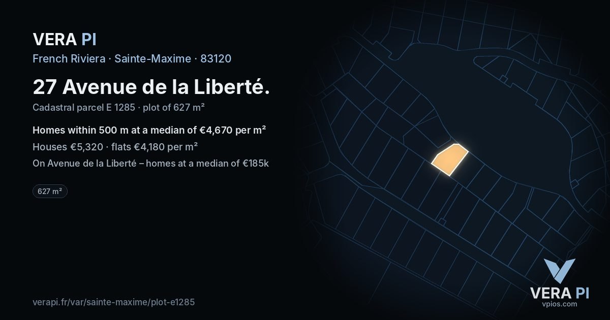 27 Avenue de la Liberté, Sainte-Maxime at night – the plot lit, the parcels around coloured by the prices near them