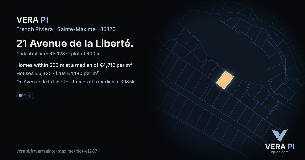 21 Avenue de la Liberté, Sainte-Maxime at night – the plot lit, the parcels around coloured by the prices near them