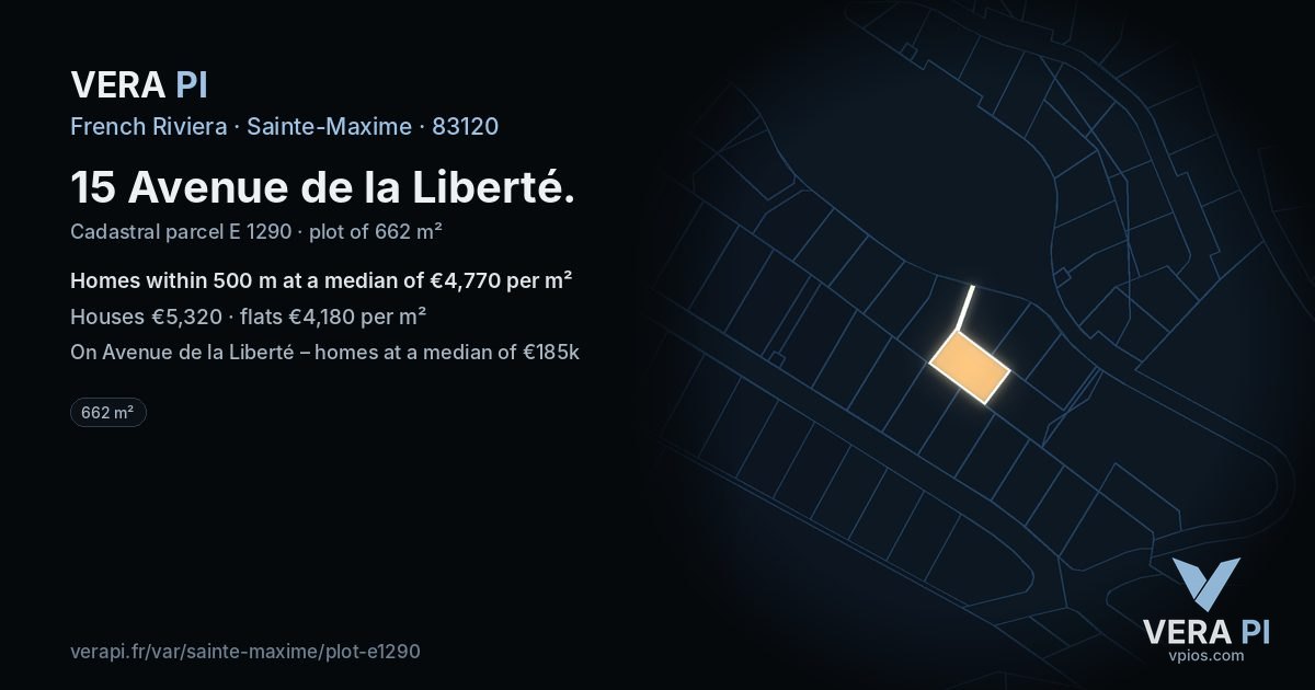 15 Avenue de la Liberté, Sainte-Maxime at night – the plot lit, the parcels around coloured by the prices near them