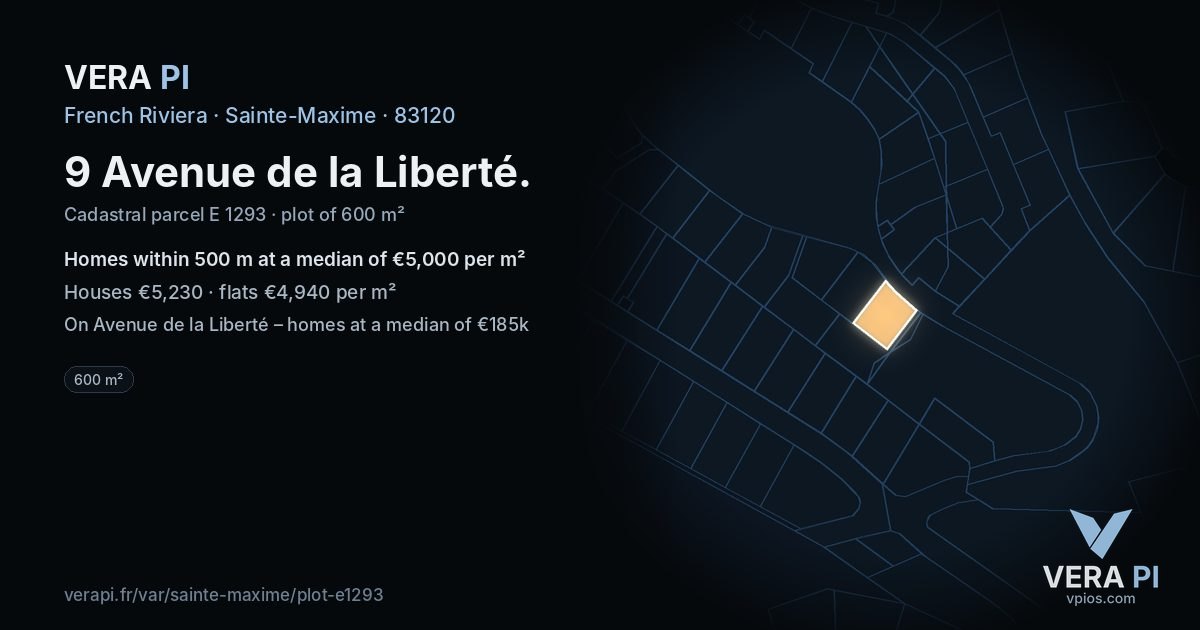 9 Avenue de la Liberté, Sainte-Maxime at night – the plot lit, the parcels around coloured by the prices near them