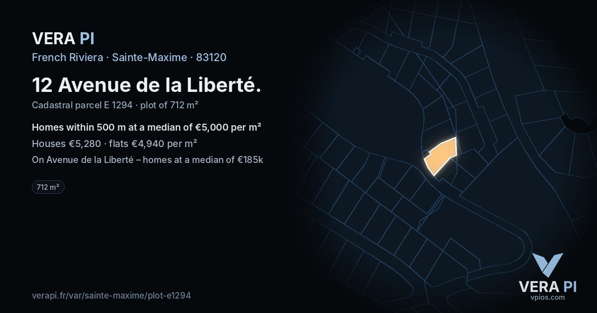 12 Avenue de la Liberté, Sainte-Maxime at night – the plot lit, the parcels around coloured by the prices near them